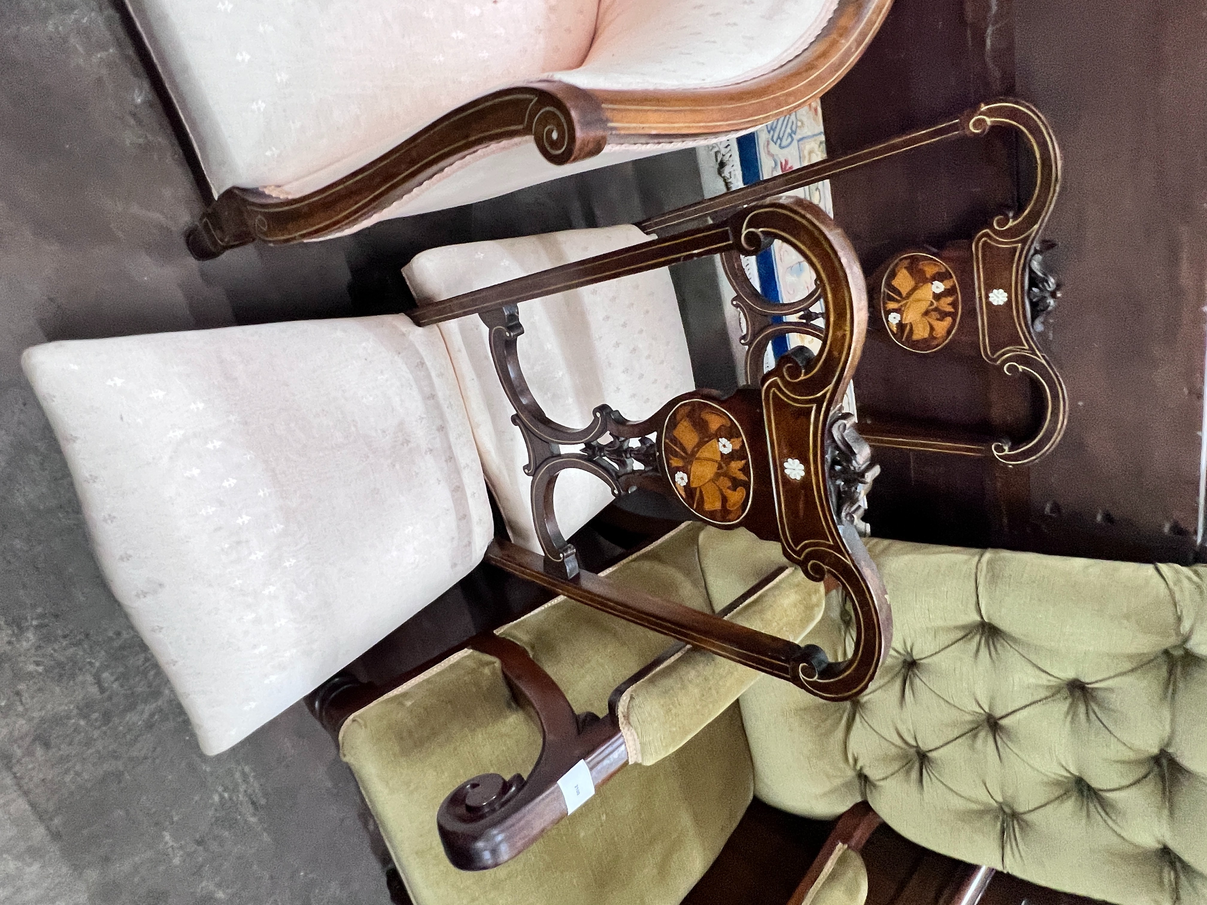 An Edwardian inlaid mahogany three piece salon suite, settee length 129cm, depth 60cm, height 89cm